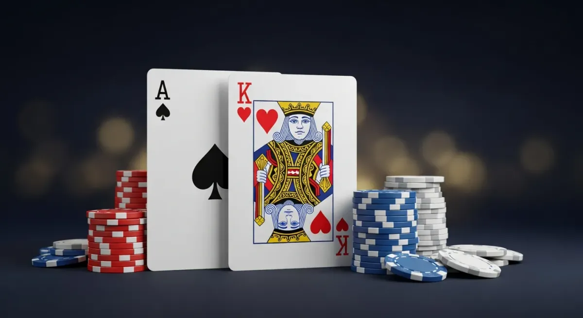 Ace of spades and king forming a blackjack hand beside casino chips