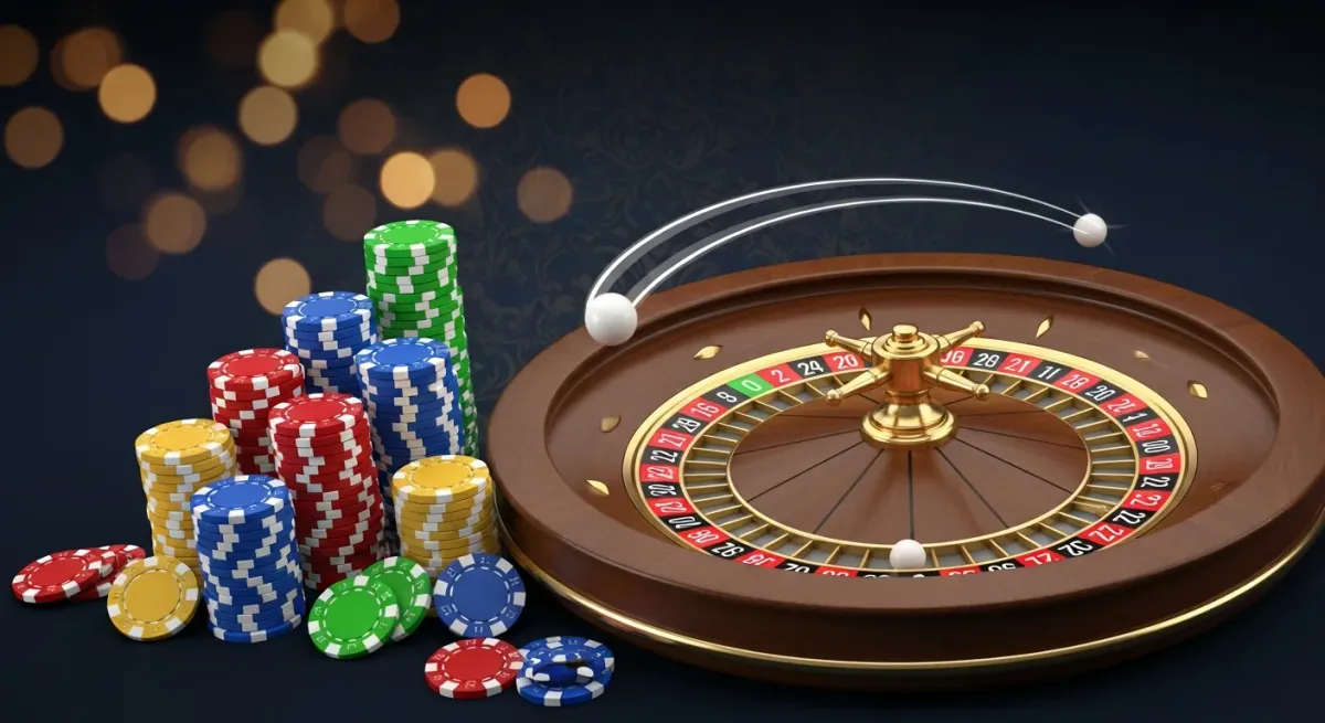 European roulette wheel with casino chips