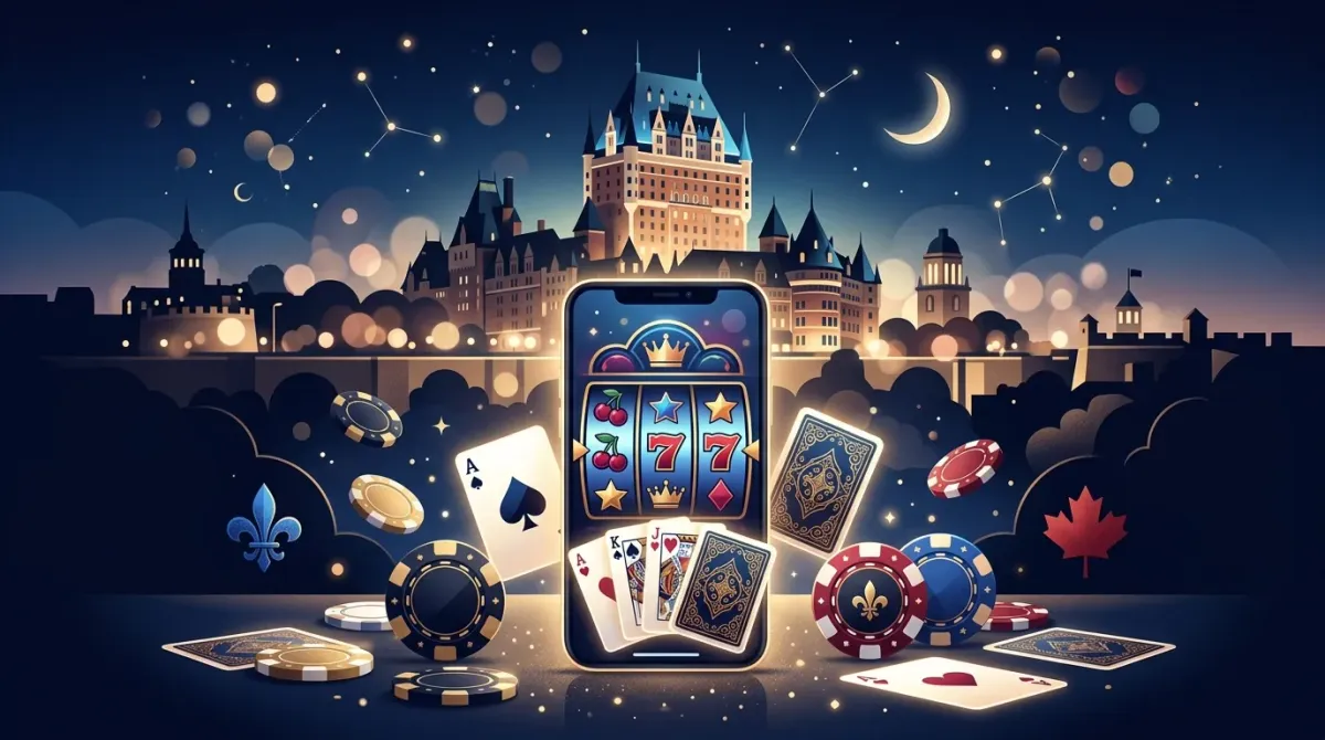 Quebec online casinos 2026 — slots and cards on a smartphone in front of the Quebec City skyline